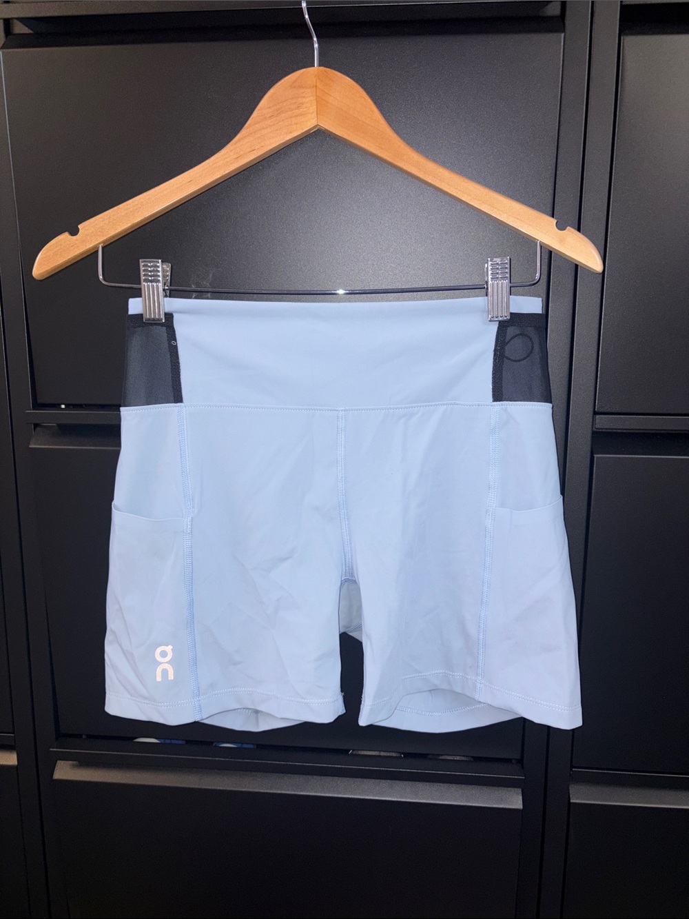 On Running Women's Light Blue Athletic Running Shorts with Black Mesh Panels